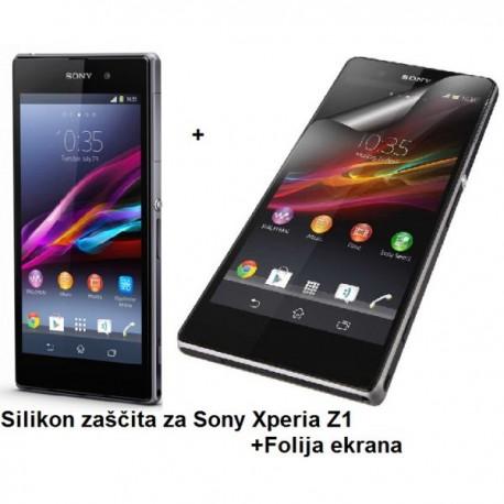 Silikon etui za Sony Xperia Z1 +Folija ekrana, transparentno temna