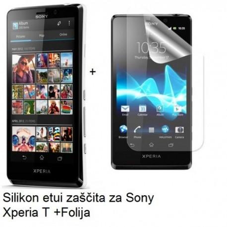 Silikon etui za Sony Xperia T,prozorna mat bela barva+folija ekrana,Jekod