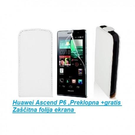 Torbica za Huawei Ascend P6 ,Preklopna +gratis Zaščitna folija ekrana, Bela barva